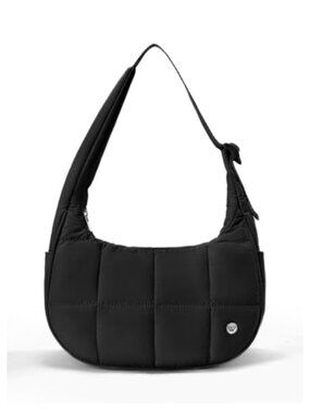 Quilted Puffer Crescent Shoulder Bag, Nylon Puffy Handbag, Adjustable Strap